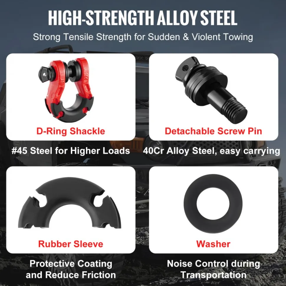 VEVOR 3/4" D-Ring Shackle, 2 Pack Alloy Steel Shackles 66139 lbs (30 Ton) Break Strength with 7/8" Screw Pin, Isolators & Washers, Heavy Duty Off Road Vehicle Recovery Shackle for Jeep Truck, Red