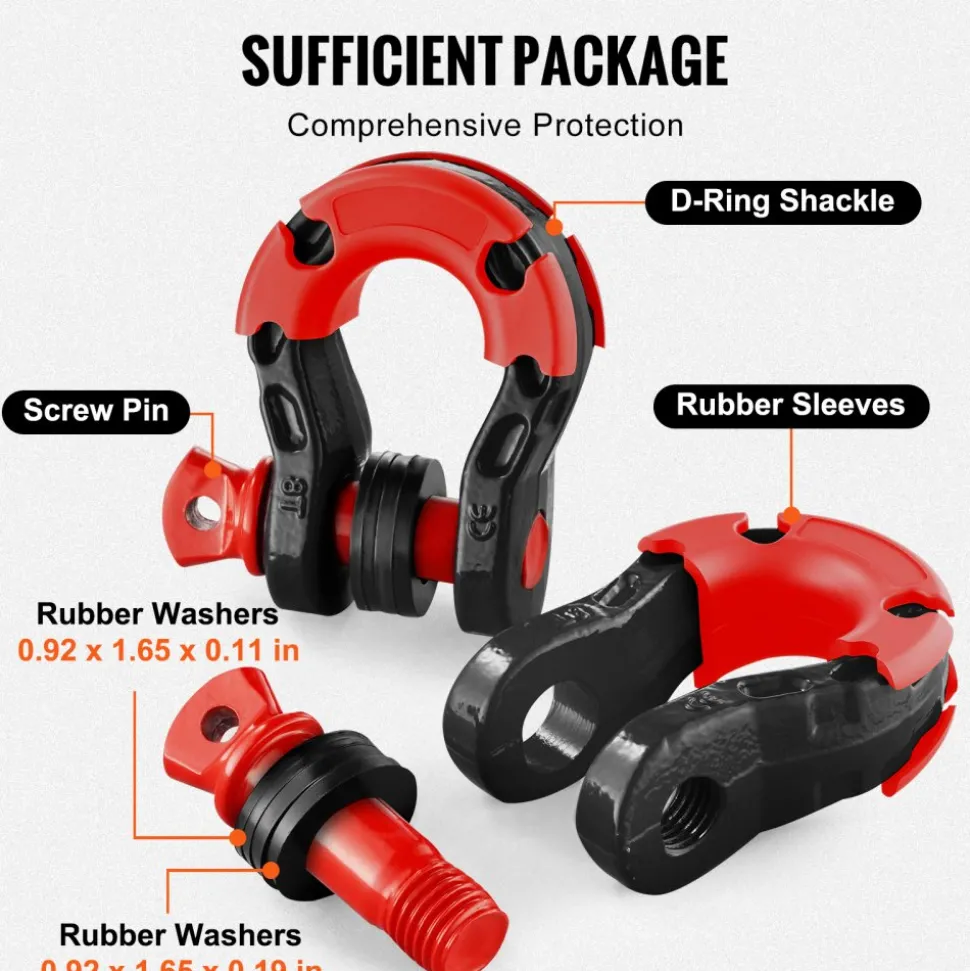 VEVOR 3/4" D-Ring Shackle, 2 Pack Alloy Steel Shackles 62832 lbs (28.5 Ton) Break Strength with 7/8" Screw Pin, Isolators & Washers, Heavy Duty Off Road Vehicle Recovery Shackle for Jeep Truck, Orange