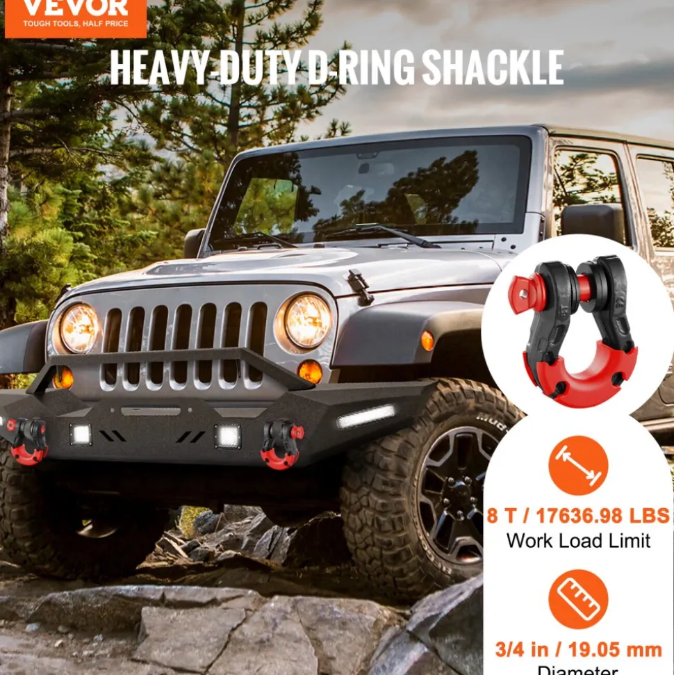 VEVOR 3/4" D-Ring Shackle, 2 Pack Alloy Steel Shackles 62832 lbs (28.5 Ton) Break Strength with 7/8" Screw Pin, Isolators & Washers, Heavy Duty Off Road Vehicle Recovery Shackle for Jeep Truck, Orange