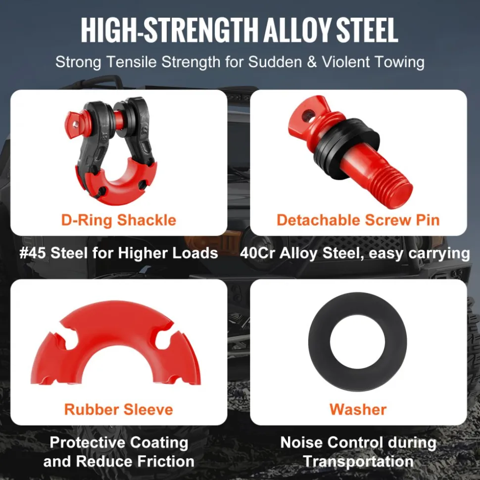 VEVOR 3/4" D-Ring Shackle, 2 Pack Alloy Steel Shackles 62832 lbs (28.5 Ton) Break Strength with 7/8" Screw Pin, Isolators & Washers, Heavy Duty Off Road Vehicle Recovery Shackle for Jeep Truck, Orange
