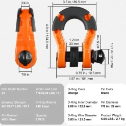 VEVOR 3/4" D-Ring Shackle, 2 Pack Alloy Steel Shackles 66139 lbs (30 Ton) Break Strength with 7/8" Screw Pin, Isolators & Washers, Heavy Duty Off Road Vehicle Recovery Shackle for Jeep Truck, Orange