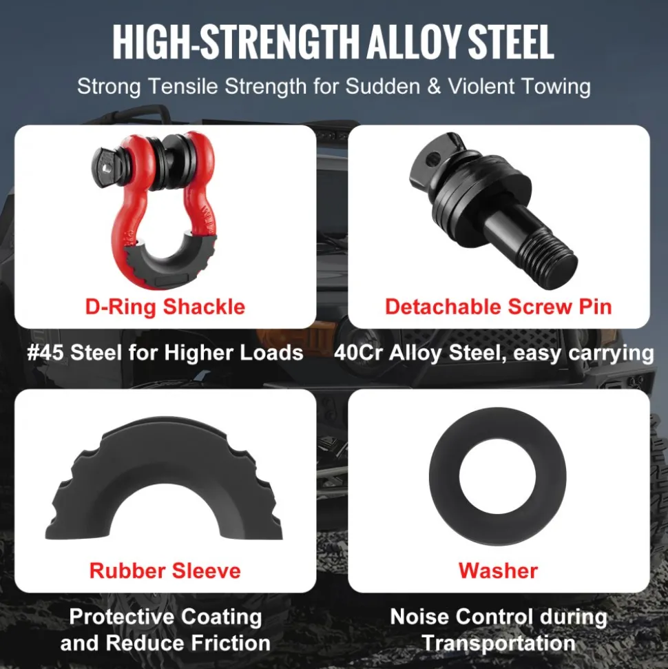 VEVOR 3/4" D-Ring Shackle, 2 Pack Alloy Steel Shackles 62832 lbs (28.5 Ton) Break Strength with 7/8" Screw Pin, Isolators & Washers, Heavy Duty Off Road Vehicle Recovery Shackle for Jeep Truck, Black
