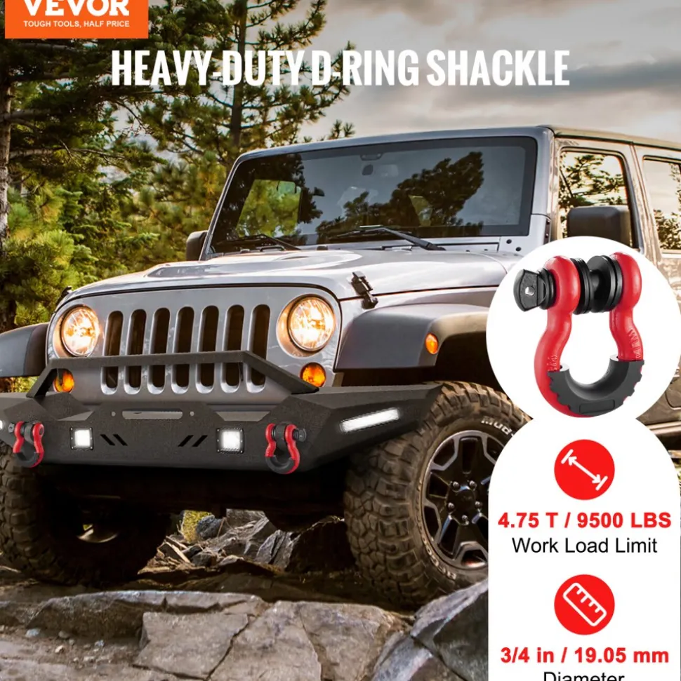 VEVOR 3/4" D-Ring Shackle, 2 Pack Alloy Steel Shackles 62832 lbs (28.5 Ton) Break Strength with 7/8" Screw Pin, Isolators & Washers, Heavy Duty Off Road Vehicle Recovery Shackle for Jeep Truck, Black