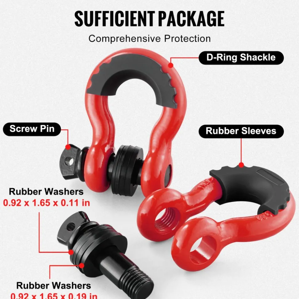VEVOR 3/4" D-Ring Shackle, 2 Pack Alloy Steel Shackles 62832 lbs (28.5 Ton) Break Strength with 7/8" Screw Pin, Isolators & Washers, Heavy Duty Off Road Vehicle Recovery Shackle for Jeep Truck, Black