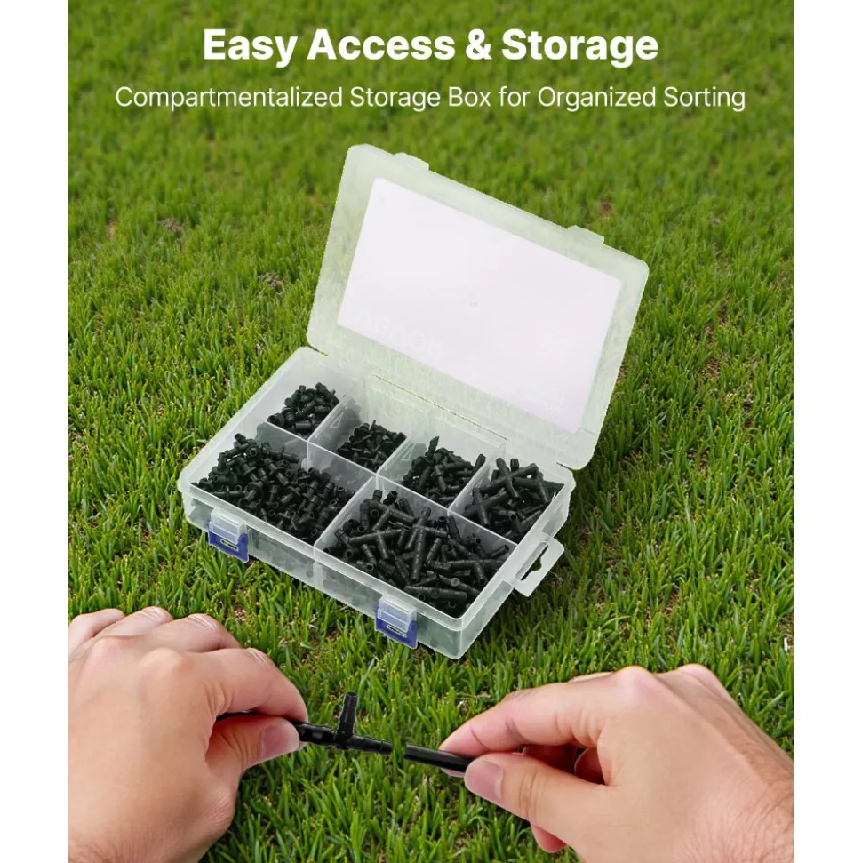 VEVOR Drip Irrigation Fittings Kit for 1/4" Tubing, 300 Pcs Drip Irrigation System Parts, Tees, Straight Barb, 4 Way Coupling, Elbows, End Plug, Single Barbs, Barbed Connectors for Yard Garden Lawn