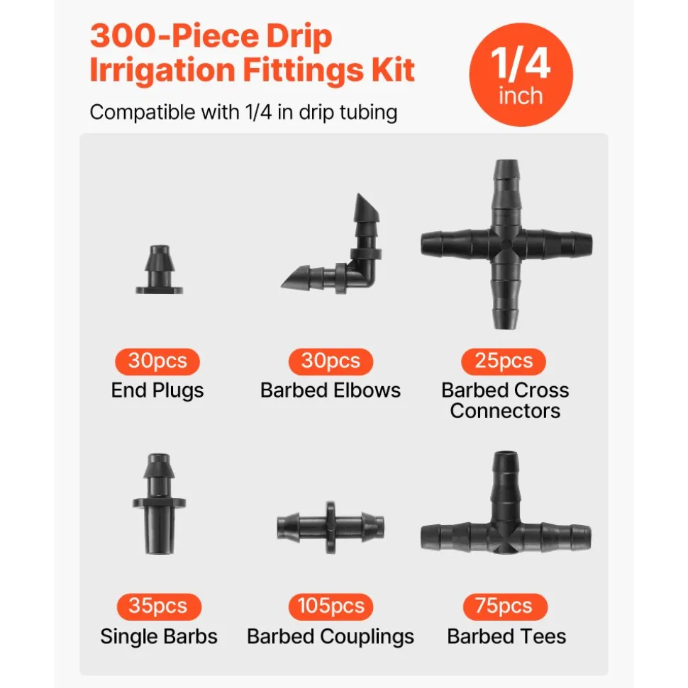 VEVOR Drip Irrigation Fittings Kit for 1/4" Tubing, 300 Pcs Drip Irrigation System Parts, Tees, Straight Barb, 4 Way Coupling, Elbows, End Plug, Single Barbs, Barbed Connectors for Yard Garden Lawn