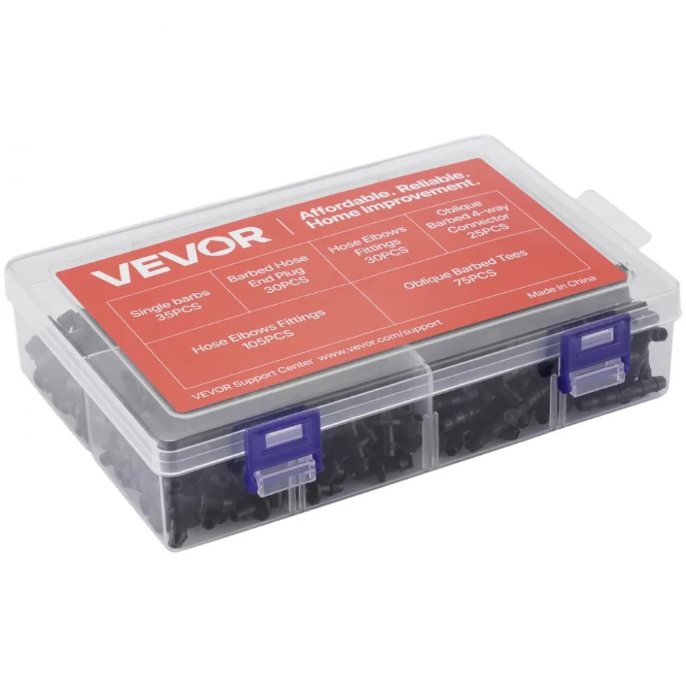 VEVOR Drip Irrigation Fittings Kit for 1/4" Tubing, 300 Pcs Drip Irrigation System Parts, Tees, Straight Barb, 4 Way Coupling, Elbows, End Plug, Single Barbs, Barbed Connectors for Yard Garden Lawn