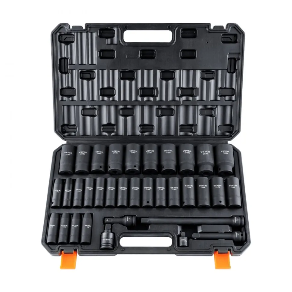 VEVOR 1/2" Drive Deep Impact Socket Set, 34pcs Socket Set Metric (8-36mm) 6 Point Cr-MO Alloy Steel for Auto Repair, Rugged Construction, Includes Heavy Duty Storage Case