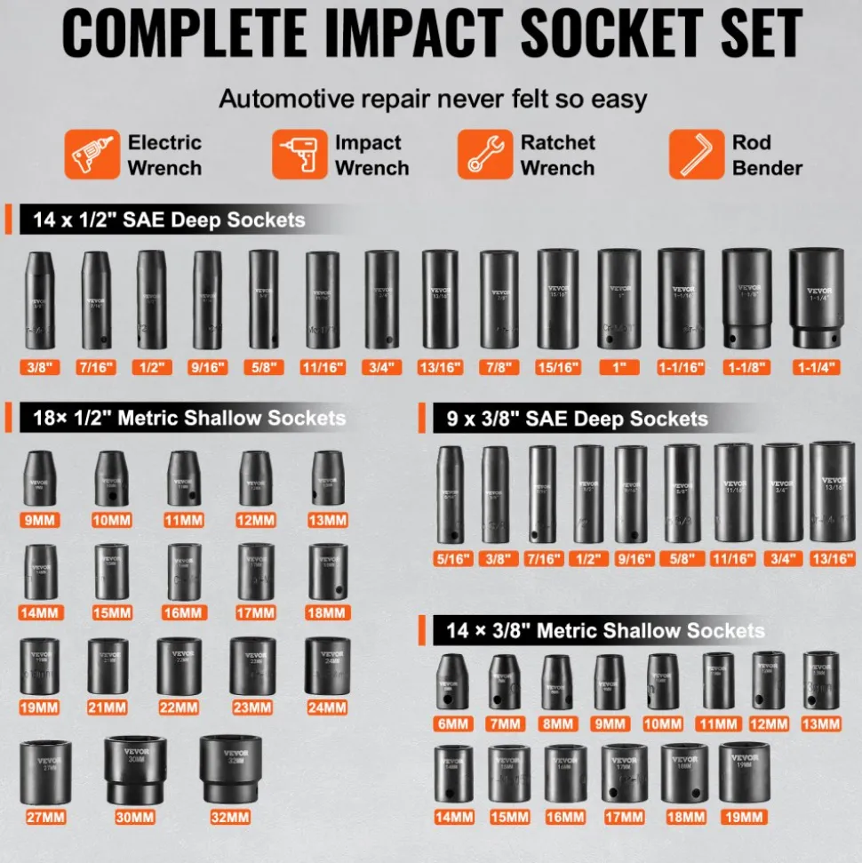 VEVOR 3/8" & 1/2" Drive Impact Socket Set, 59PCS Socket Set SAE 5/16" to 1-1/4" and Metric 6-32mm, 6 Point Cr-Mo Alloy Steel for Auto Repair, Easy-to-Read Markings, Rugged Construction, Storage Case