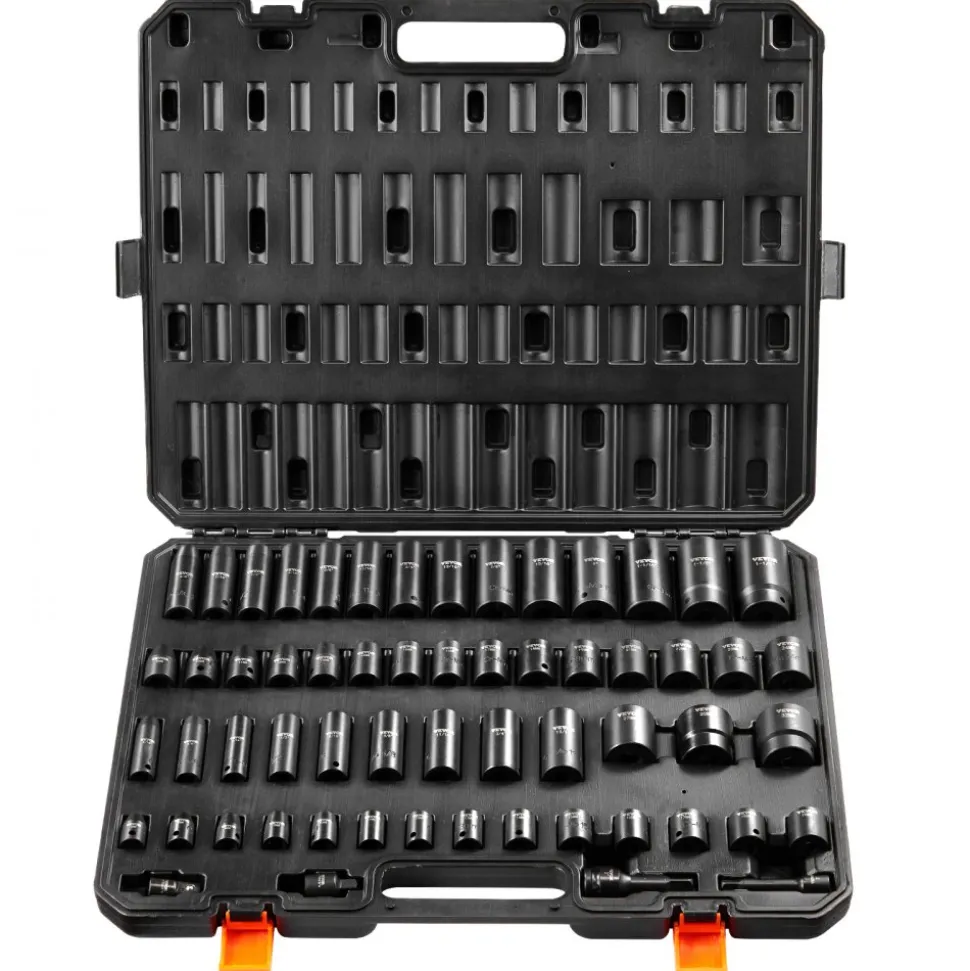 VEVOR 3/8" & 1/2" Drive Impact Socket Set, 59PCS Socket Set SAE 5/16" to 1-1/4" and Metric 6-32mm, 6 Point Cr-Mo Alloy Steel for Auto Repair, Easy-to-Read Markings, Rugged Construction, Storage Case