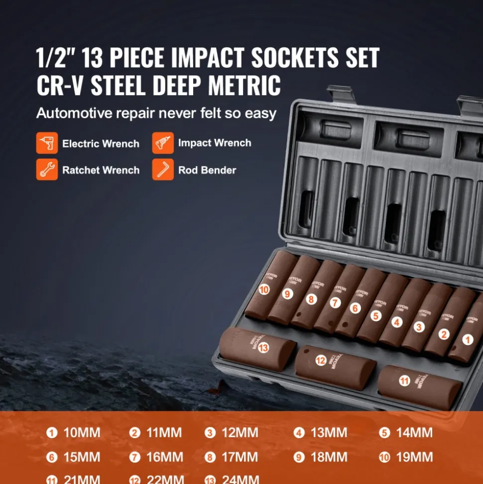 VEVOR 1/2" Drive Impact Socket Set, 13 Piece Deep Socket Set Metric 10-24mm, 6 Point CR-V Alloy Steel for Auto Repair, Easy-to-Read Size Markings, Rugged Construction, Includes Storage Case
