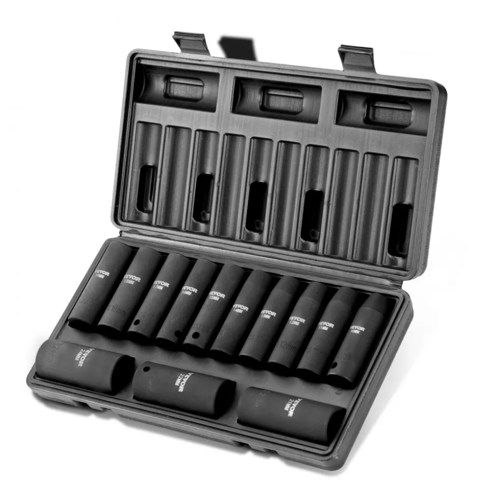 VEVOR 1/2" Drive Impact Socket Set, 13 Piece Deep Socket Set Metric 10-24mm, 6 Point CR-V Alloy Steel for Auto Repair, Easy-to-Read Size Markings, Rugged Construction, Includes Storage Case