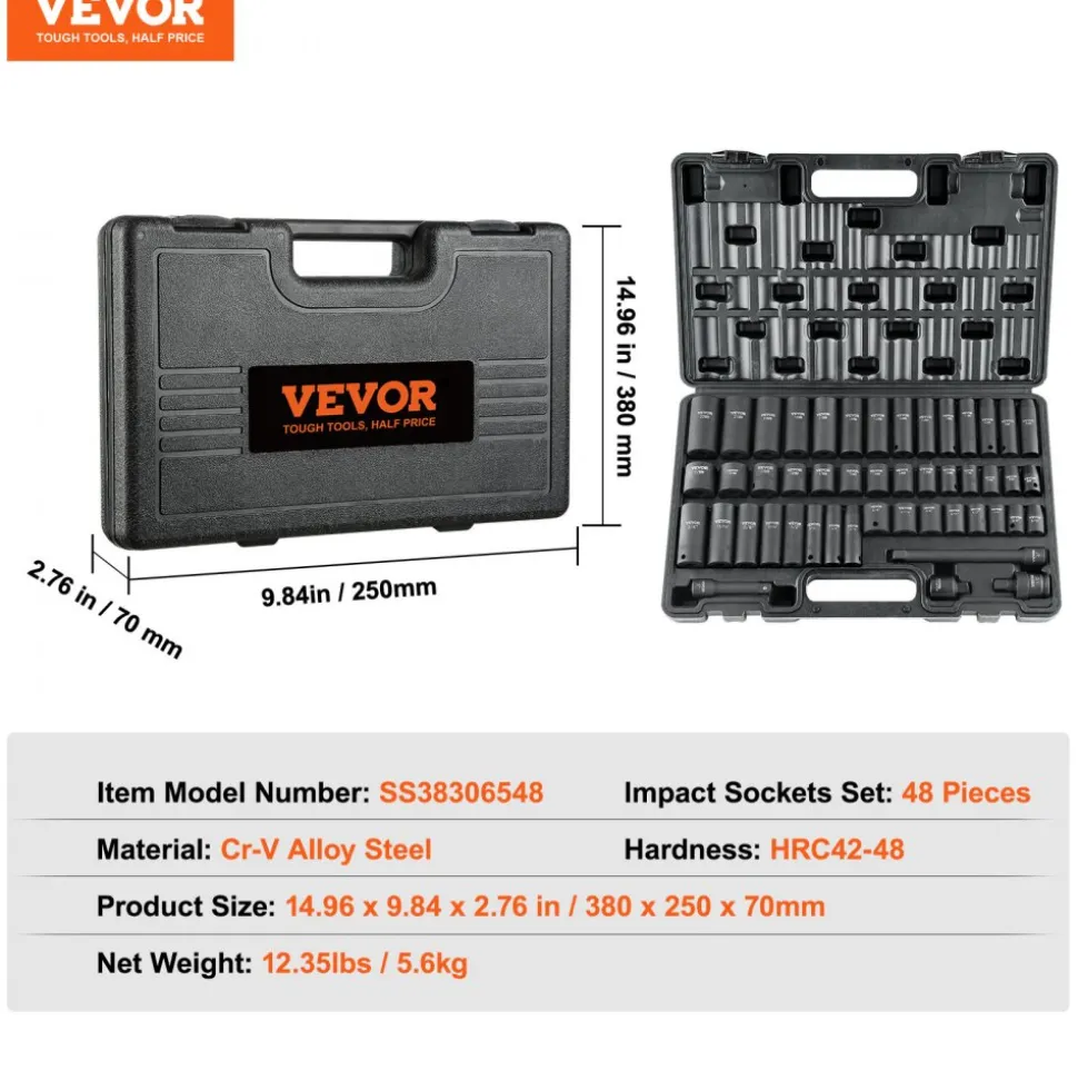 VEVOR 3/8" Drive Impact Socket Set, 48 Piece Socket Set SAE (5/16" -3/4") & Metric (8-22mm)6 Point Cr-V Drive Extension Bar Universal Joint & Power Drill Adapter Includes Storage Case