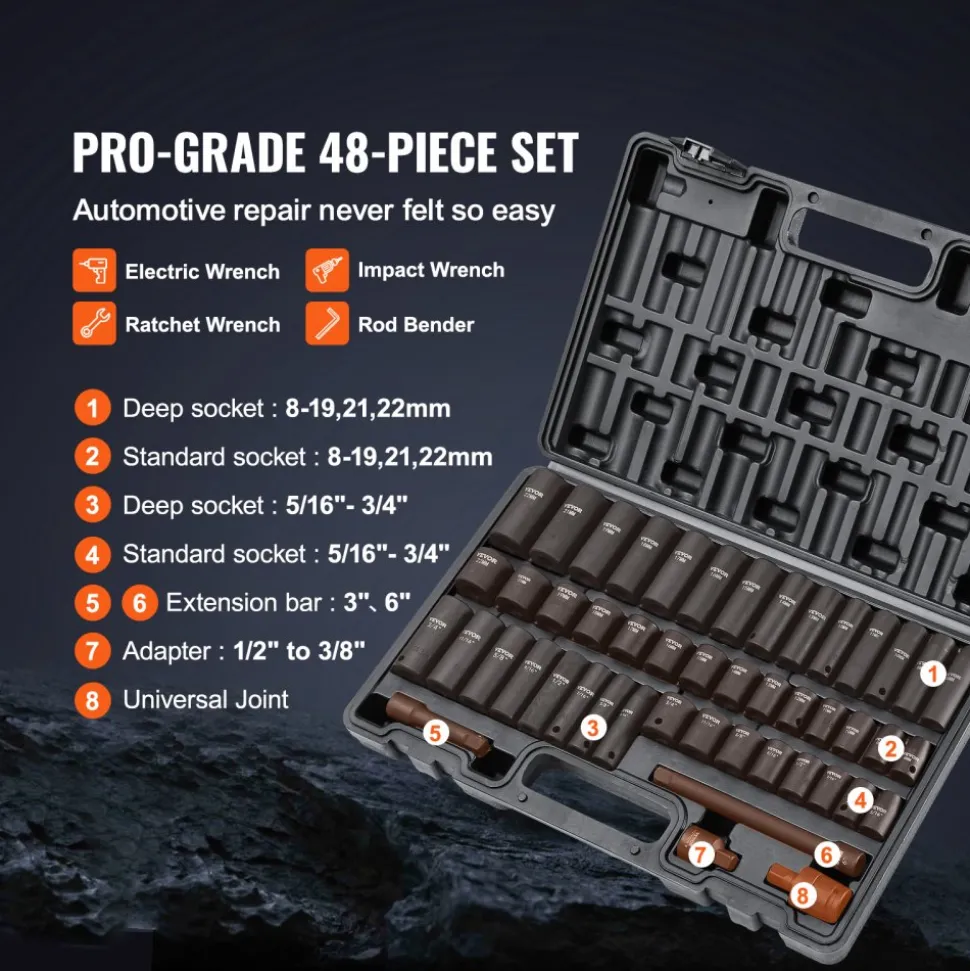VEVOR 3/8" Drive Impact Socket Set, 48 Piece Socket Set SAE (5/16" -3/4") & Metric (8-22mm)6 Point Cr-V Drive Extension Bar Universal Joint & Power Drill Adapter Includes Storage Case