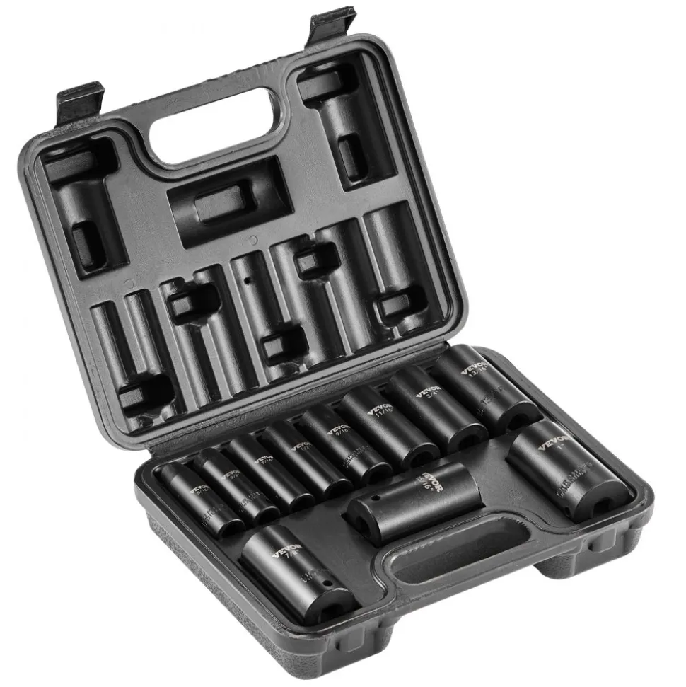 VEVOR 3/8" Drive Impact Socket Set, 11 Piece Deep Socket Set SAE 5/16"-1", 6 Point CR-V Alloy Steel for Auto Repair, Easy-to-Read Size Markings, Rugged Construction, Includes Storage Case