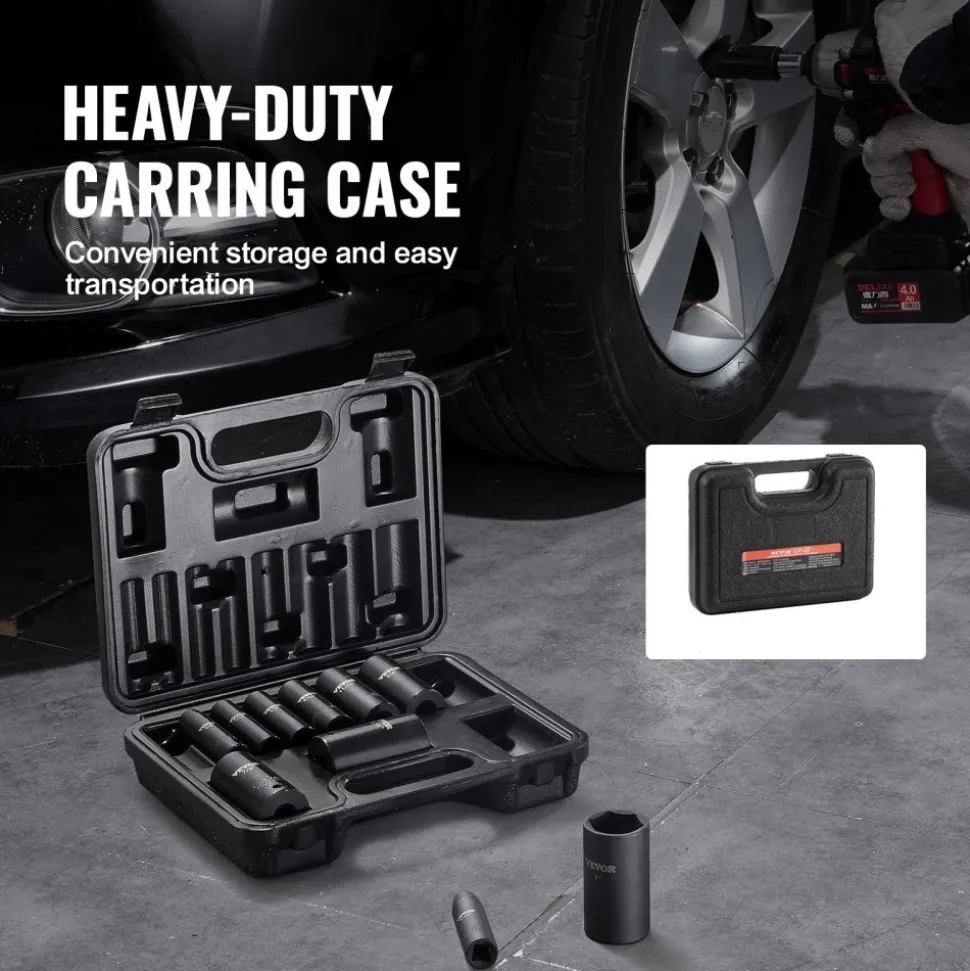 VEVOR 3/8" Drive Impact Socket Set, 11 Piece Deep Socket Set SAE 5/16"-1", 6 Point CR-V Alloy Steel for Auto Repair, Easy-to-Read Size Markings, Rugged Construction, Includes Storage Case
