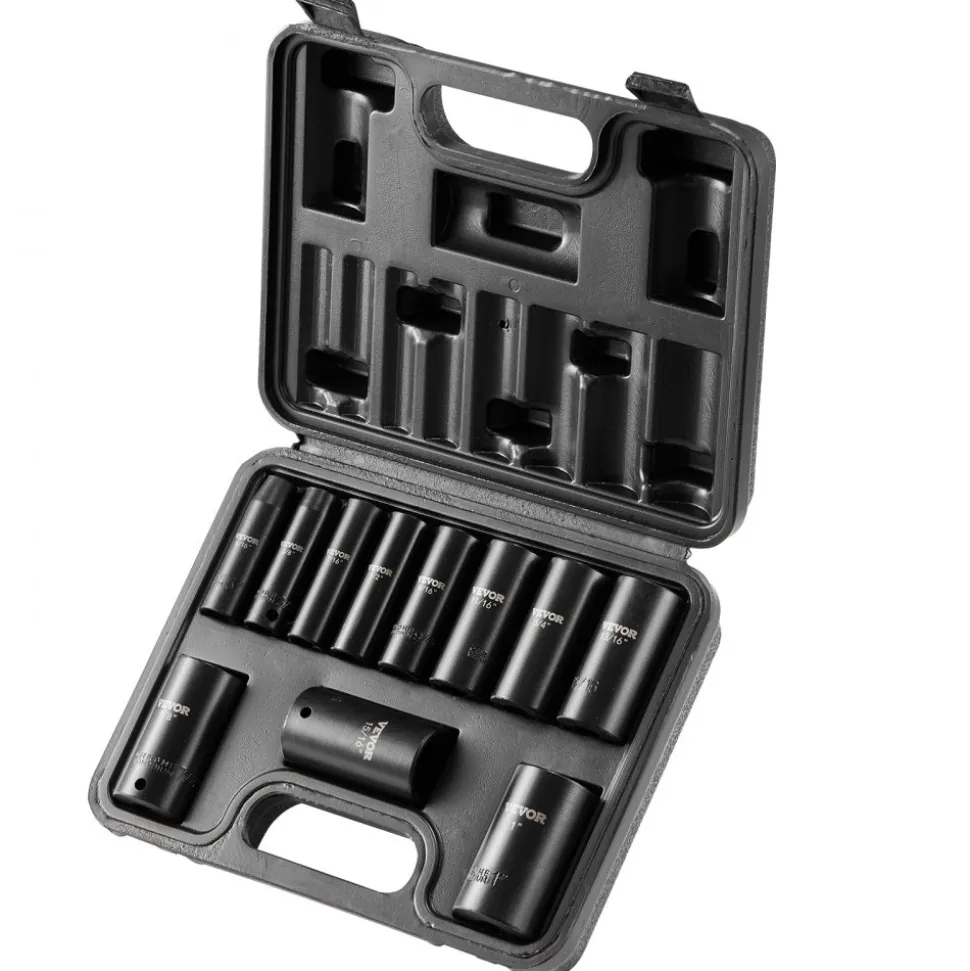 VEVOR 3/8" Drive Impact Socket Set, 11 Piece Deep Socket Set SAE 5/16"-1", 6 Point CR-V Alloy Steel for Auto Repair, Easy-to-Read Size Markings, Rugged Construction, Includes Storage Case