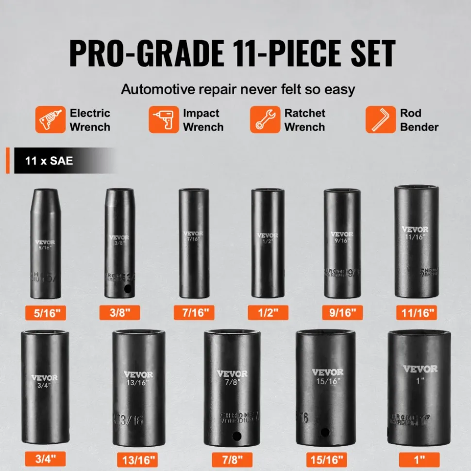 VEVOR 3/8" Drive Impact Socket Set, 11 Piece Deep Socket Set SAE 5/16"-1", 6 Point CR-V Alloy Steel for Auto Repair, Easy-to-Read Size Markings, Rugged Construction, Includes Storage Case
