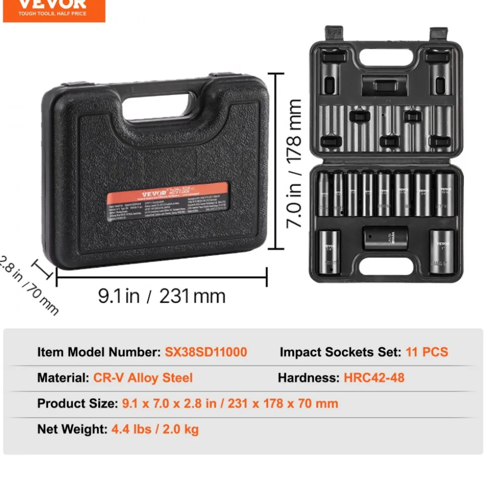 VEVOR 3/8" Drive Impact Socket Set, 11 Piece Deep Socket Set SAE 5/16"-1", 6 Point CR-V Alloy Steel for Auto Repair, Easy-to-Read Size Markings, Rugged Construction, Includes Storage Case