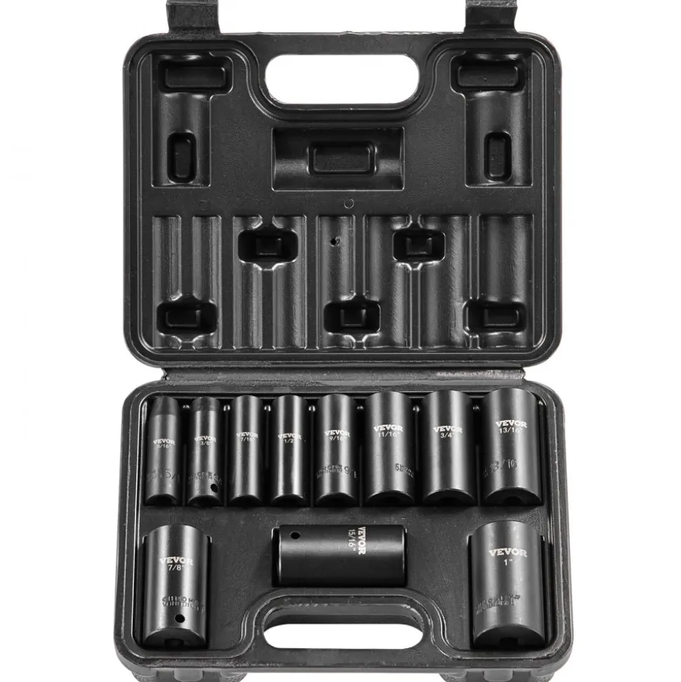 VEVOR 3/8" Drive Impact Socket Set, 11 Piece Deep Socket Set SAE 5/16"-1", 6 Point CR-V Alloy Steel for Auto Repair, Easy-to-Read Size Markings, Rugged Construction, Includes Storage Case