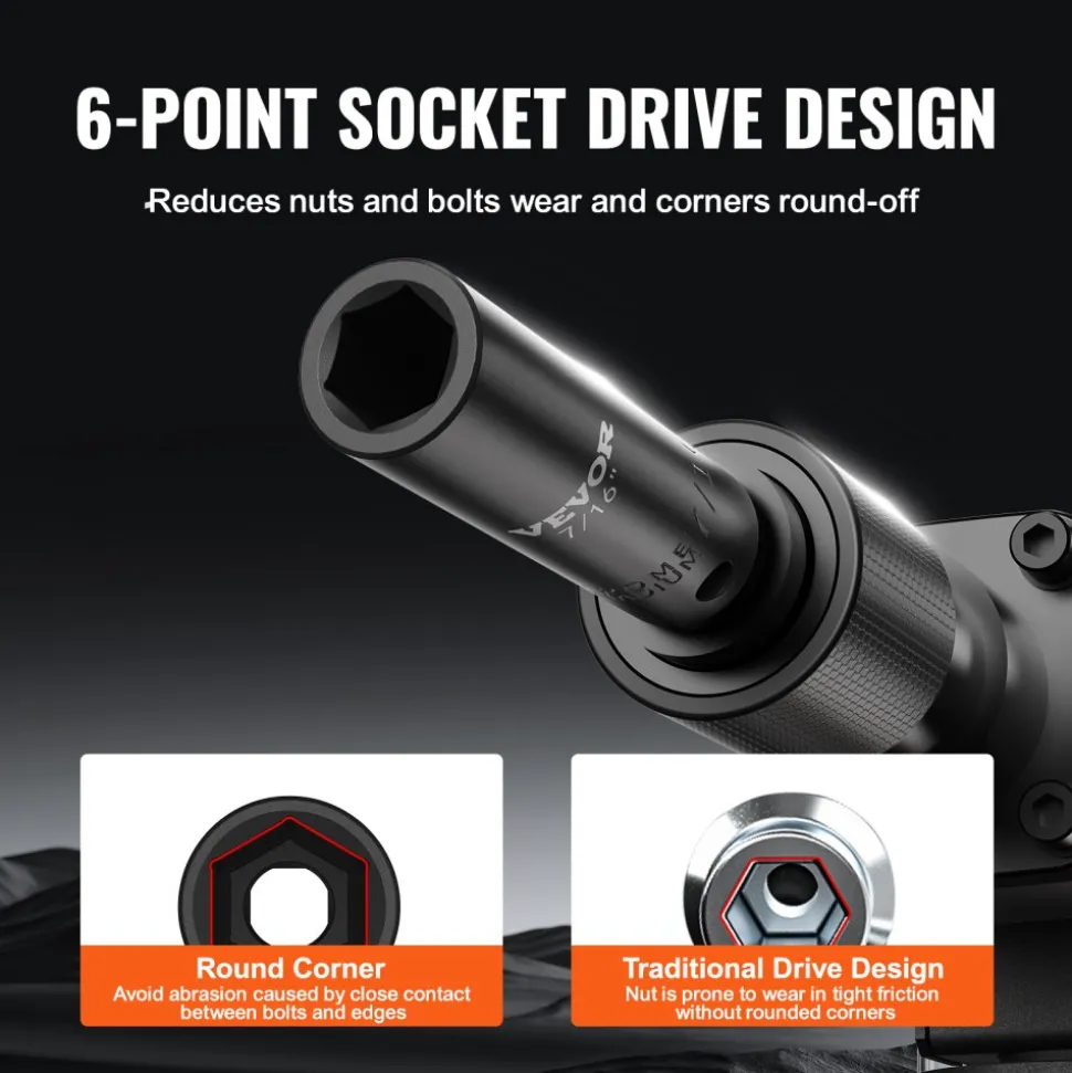 VEVOR 3/8" Drive Impact Socket Set, 11 Piece Deep Socket Set SAE 5/16"-1", 6 Point CR-V Alloy Steel for Auto Repair, Easy-to-Read Size Markings, Rugged Construction, Includes Storage Case