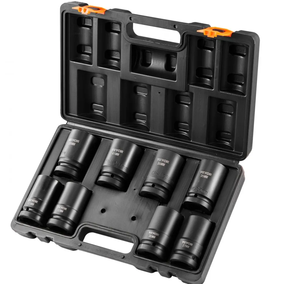 VEVOR 1" Drive Impact Socket Set, 8 Piece Deep Socket Set Metric 27-41mm, 6 Point Cr-Mo Alloy Steel for Auto Repair, Easy-to-Read Size Markings, Rugged Construction, Includes Storage Case