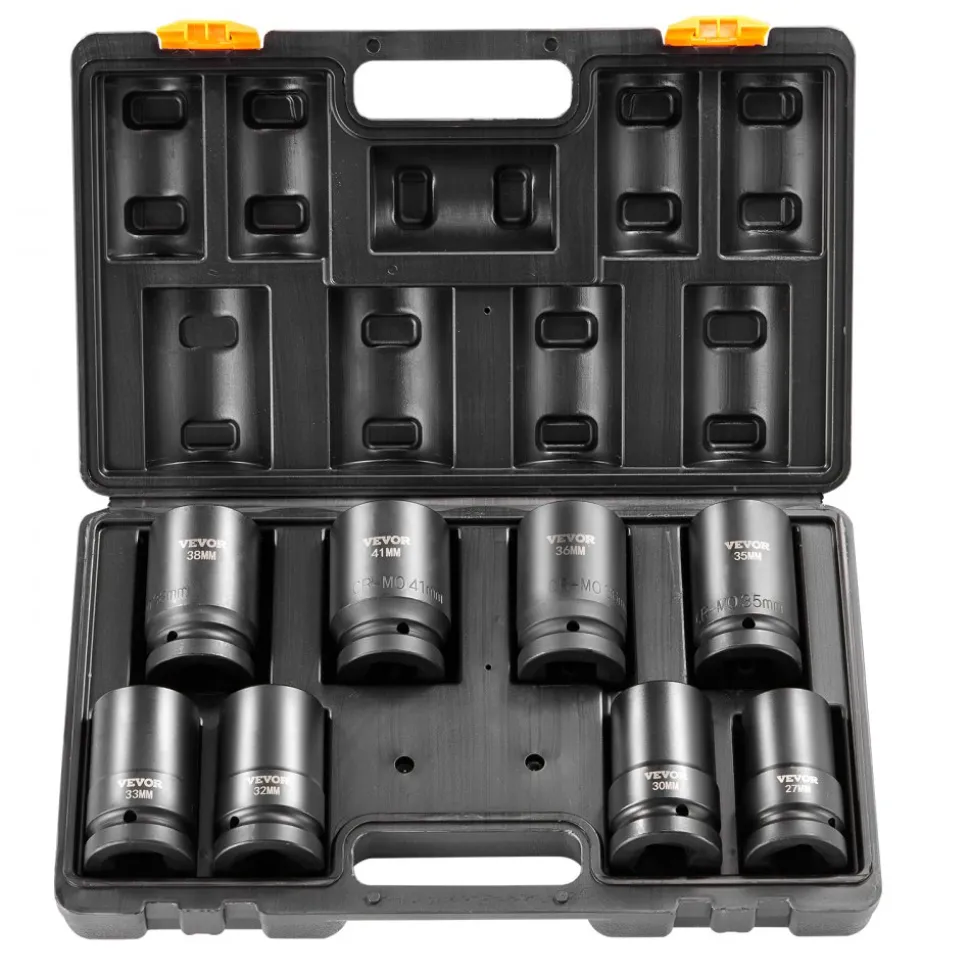 VEVOR 1" Drive Impact Socket Set, 8 Piece Deep Socket Set Metric 27-41mm, 6 Point Cr-Mo Alloy Steel for Auto Repair, Easy-to-Read Size Markings, Rugged Construction, Includes Storage Case