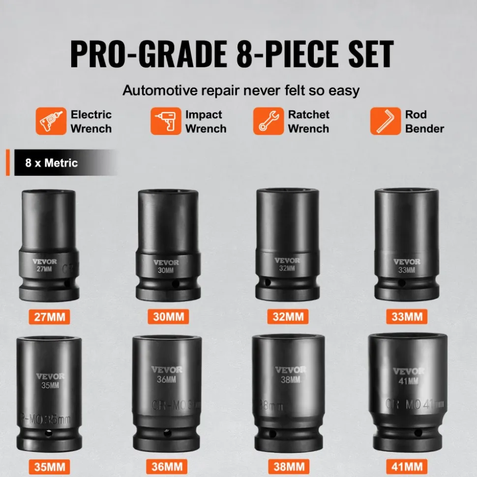VEVOR 1" Drive Impact Socket Set, 8 Piece Deep Socket Set Metric 27-41mm, 6 Point Cr-Mo Alloy Steel for Auto Repair, Easy-to-Read Size Markings, Rugged Construction, Includes Storage Case