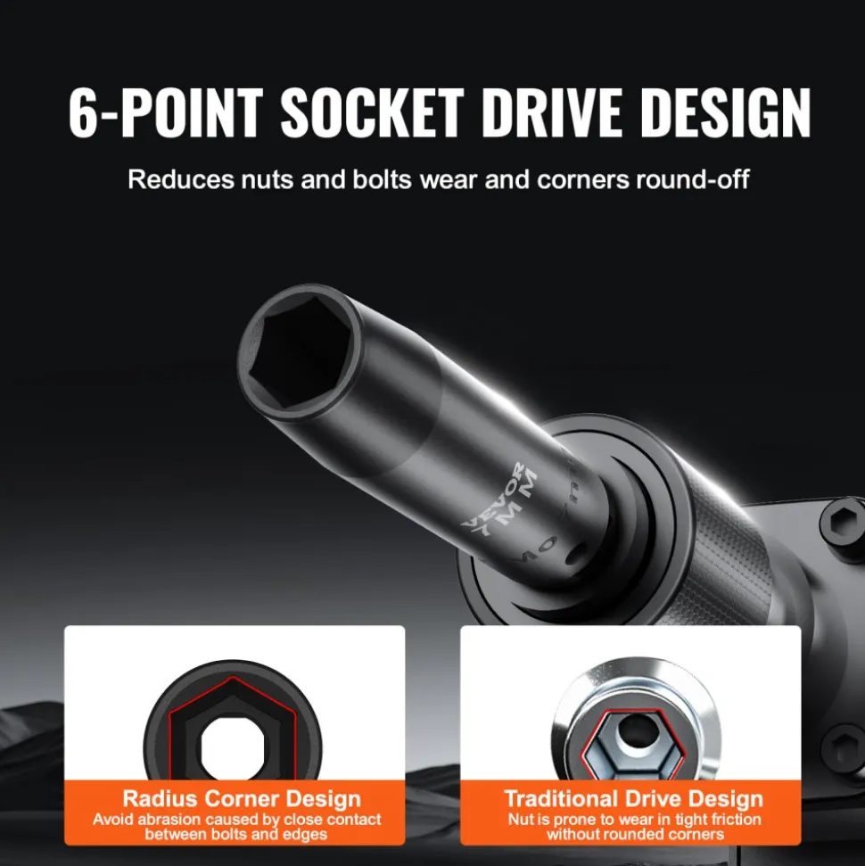 VEVOR 1/2" Drive Impact Socket Set, 33 Piece Socket Set SAE 3/8"-1" and Metric 10-24mm, 6 Point Cr-V Alloy Steel for Auto Repair, Easy-to-Read Size Markings, Rugged Construction, Includes Storage Case