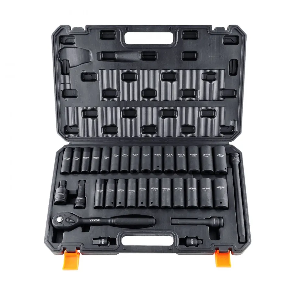 VEVOR 1/2" Drive Impact Socket Set, 33 Piece Socket Set SAE 3/8"-1" and Metric 10-24mm, 6 Point Cr-V Alloy Steel for Auto Repair, Easy-to-Read Size Markings, Rugged Construction, Includes Storage Case