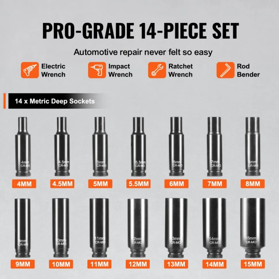 VEVOR 1/4" Drive Impact Socket Set, 14 Piece Deep Socket Set Metric 4-15mm, 6 Point Cr-Mo Alloy Steel for Auto Repair, Easy-to-Read Size Markings, Rugged Construction, Socket Organizer