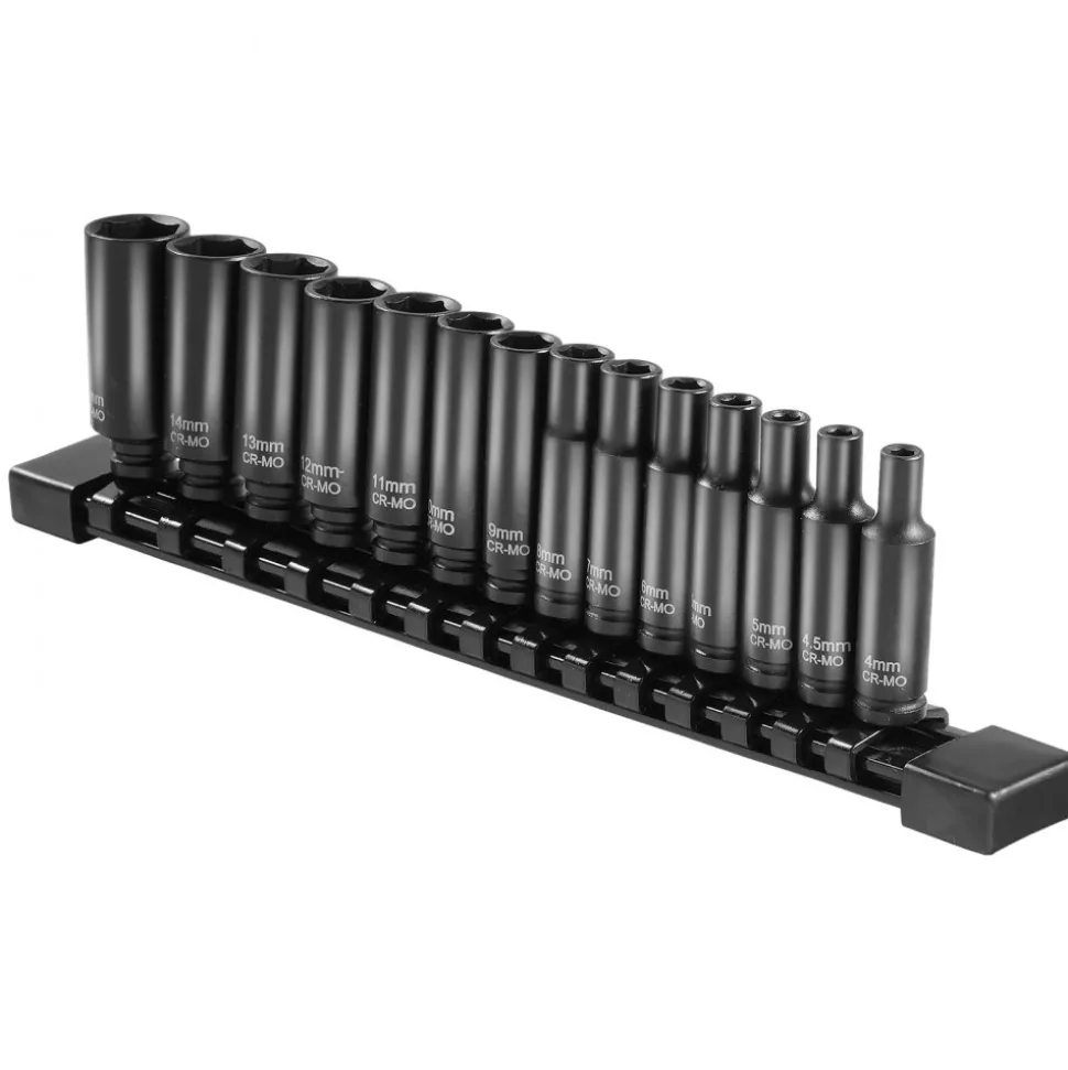 VEVOR 1/4" Drive Impact Socket Set, 14 Piece Deep Socket Set Metric 4-15mm, 6 Point Cr-Mo Alloy Steel for Auto Repair, Easy-to-Read Size Markings, Rugged Construction, Socket Organizer