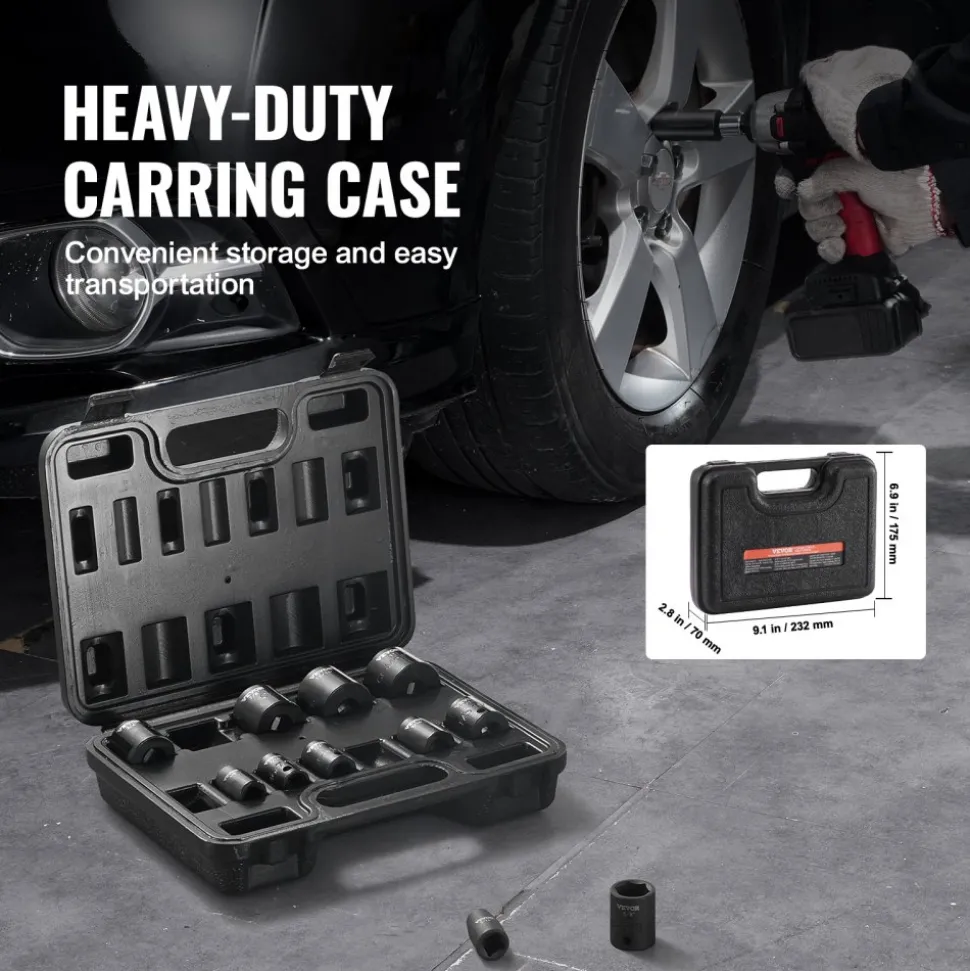 VEVOR 3/8" Drive Impact Socket Set, 12 Piece Shallow Socket Set SAE 5/16"-1", 6 Point Cr-Mo Alloy Steel for Auto Repair, Easy-to-Read Size Markings, Rugged Construction, Includes Storage Case