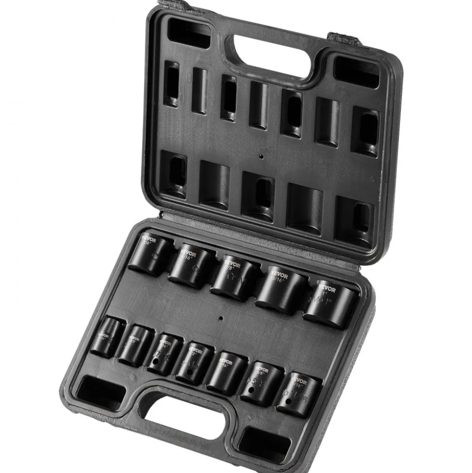 VEVOR 3/8" Drive Impact Socket Set, 12 Piece Shallow Socket Set SAE 5/16"-1", 6 Point Cr-Mo Alloy Steel for Auto Repair, Easy-to-Read Size Markings, Rugged Construction, Includes Storage Case