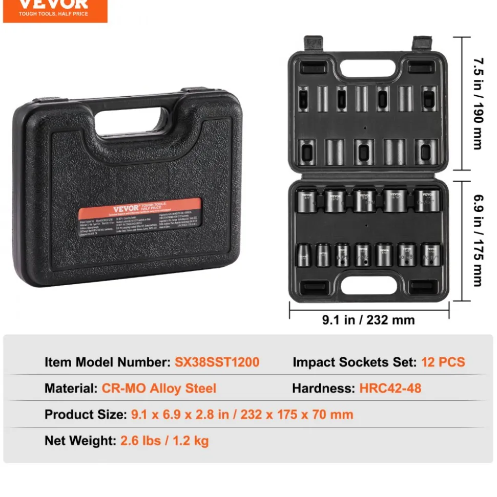 VEVOR 3/8" Drive Impact Socket Set, 12 Piece Shallow Socket Set SAE 5/16"-1", 6 Point Cr-Mo Alloy Steel for Auto Repair, Easy-to-Read Size Markings, Rugged Construction, Includes Storage Case