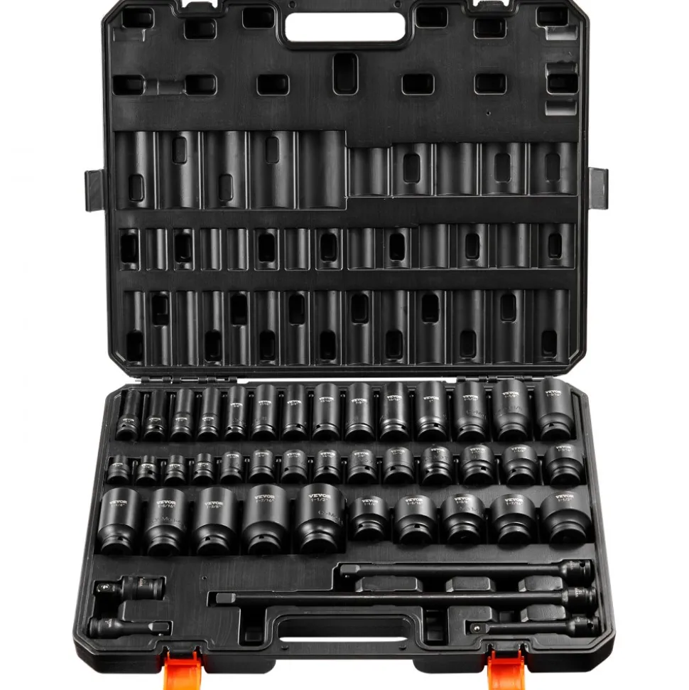 VEVOR 1/2" Drive Impact Socket Set, 43 Piece Deep & Shallow Socket Set SAE 3/8" to 1-1/2", 6 Point Cr-Mo Alloy Steel for Auto Repair, Easy-to-Read Size Markings, Rugged Construction, Storage Case