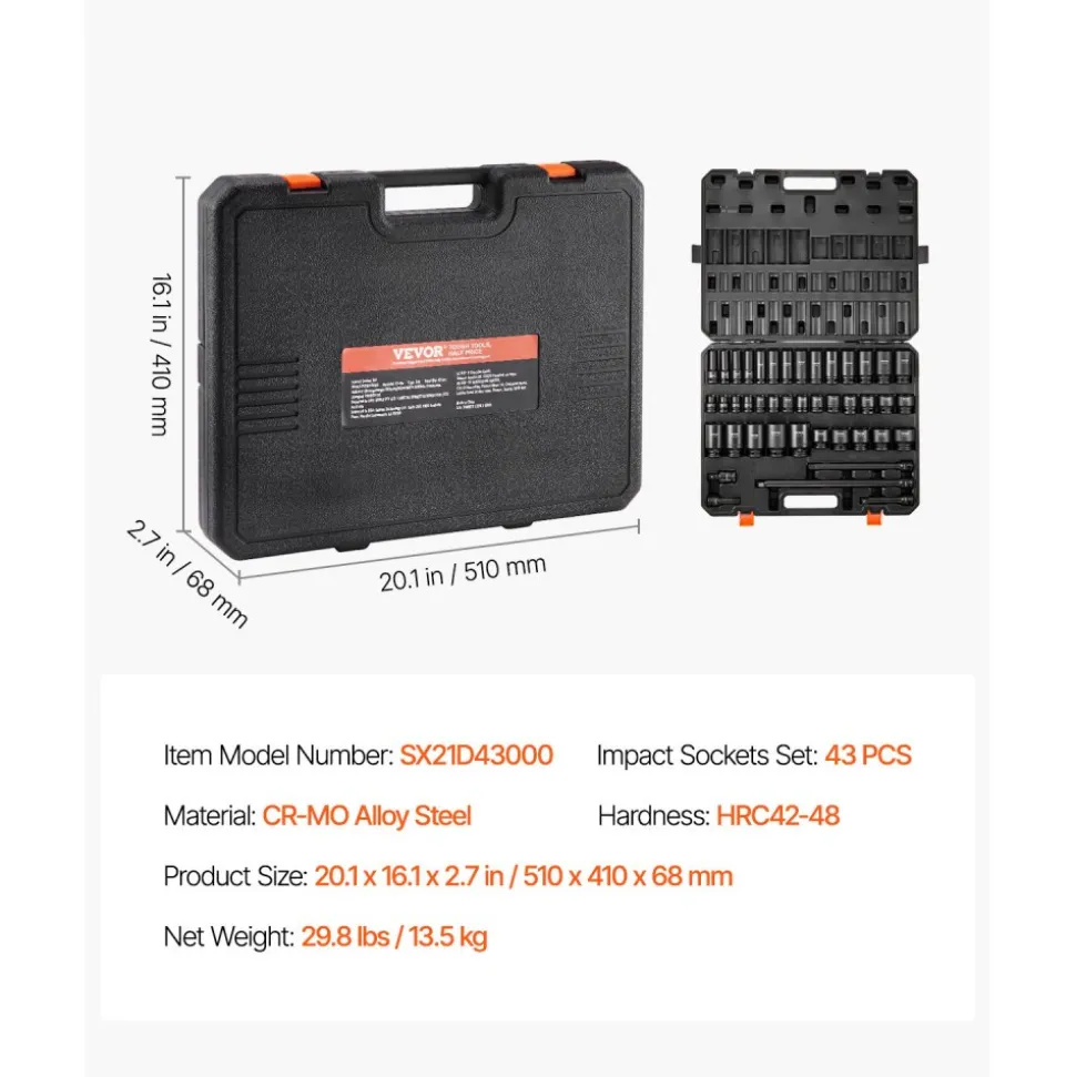 VEVOR 1/2" Drive Impact Socket Set, 43 Piece Deep & Shallow Socket Set SAE 3/8" to 1-1/2", 6 Point Cr-Mo Alloy Steel for Auto Repair, Easy-to-Read Size Markings, Rugged Construction, Storage Case
