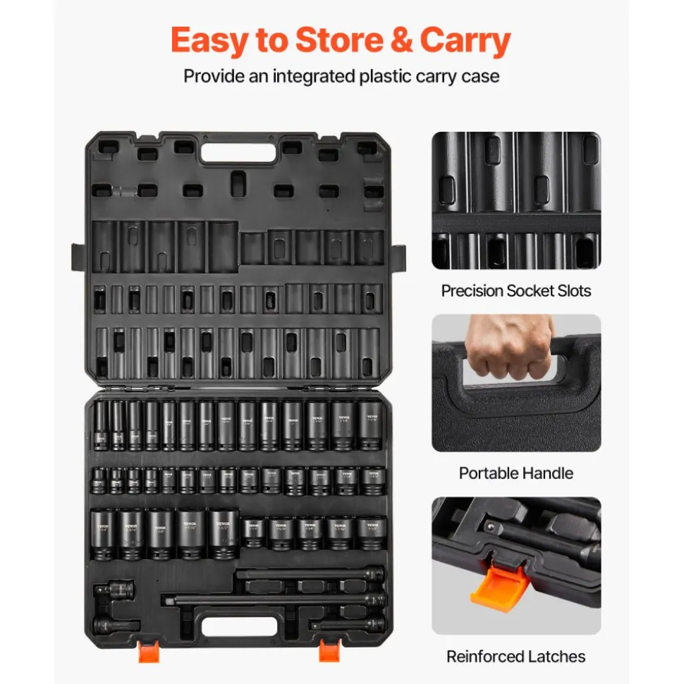 VEVOR 1/2" Drive Impact Socket Set, 43 Piece Deep & Shallow Socket Set SAE 3/8" to 1-1/2", 6 Point Cr-Mo Alloy Steel for Auto Repair, Easy-to-Read Size Markings, Rugged Construction, Storage Case