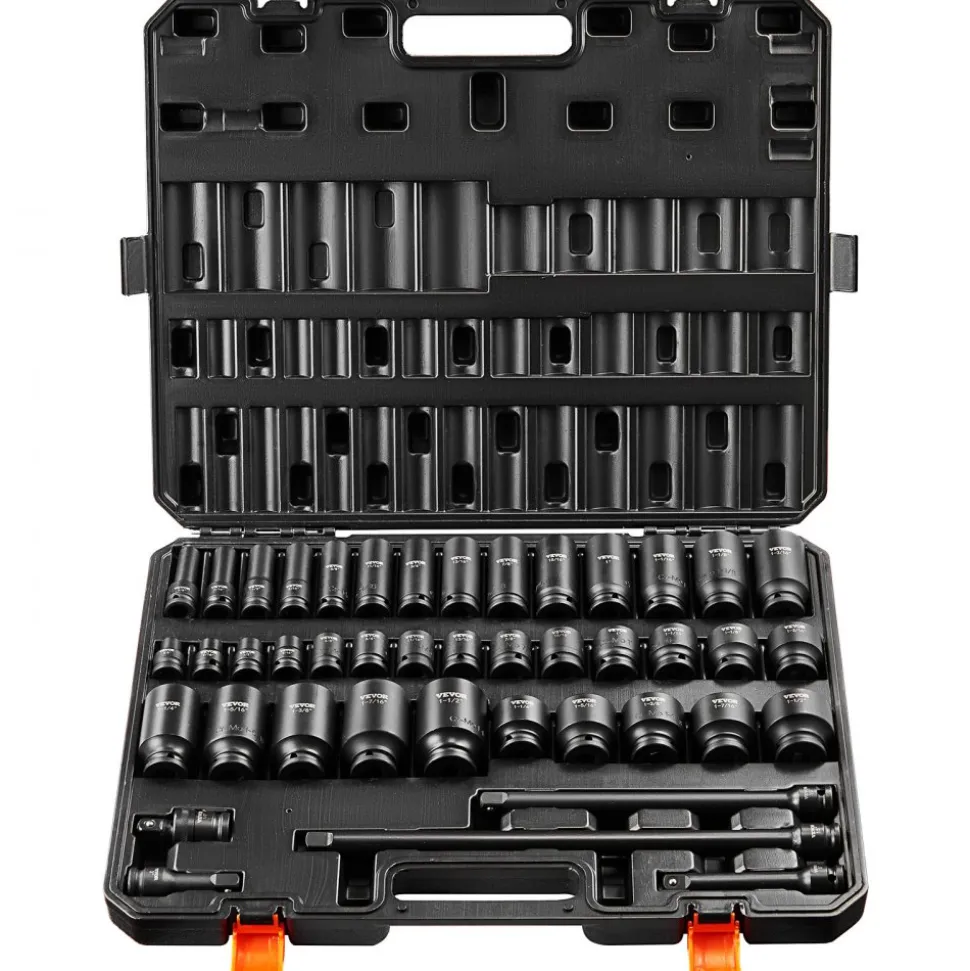 VEVOR 1/2" Drive Impact Socket Set, 43 Piece Deep & Shallow Socket Set SAE 3/8" to 1-1/2", 6 Point Cr-Mo Alloy Steel for Auto Repair, Easy-to-Read Size Markings, Rugged Construction, Storage Case