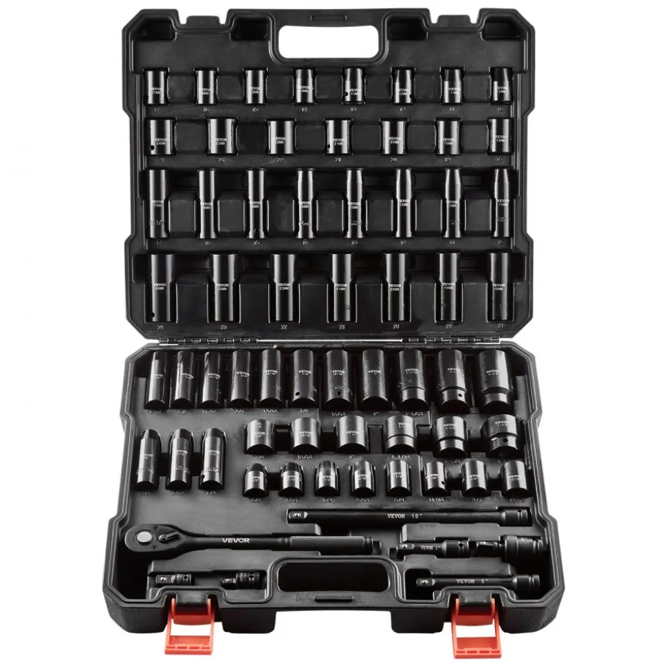 VEVOR Drive Impact Socket Set 1/2" - 65PCS Deep & Standard Socket Set SAE 3/8" to 1-1/4" and Metric 10-24mm, 6 Point CR-V & Cr-Mo Alloy Steel for Auto Repair - Easy-to-Read Size Markings, Storage Case