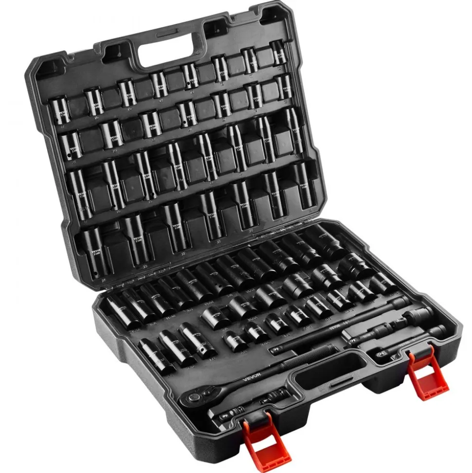 VEVOR Drive Impact Socket Set 1/2" - 65PCS Deep & Standard Socket Set SAE 3/8" to 1-1/4" and Metric 10-24mm, 6 Point CR-V & Cr-Mo Alloy Steel for Auto Repair - Easy-to-Read Size Markings, Storage Case