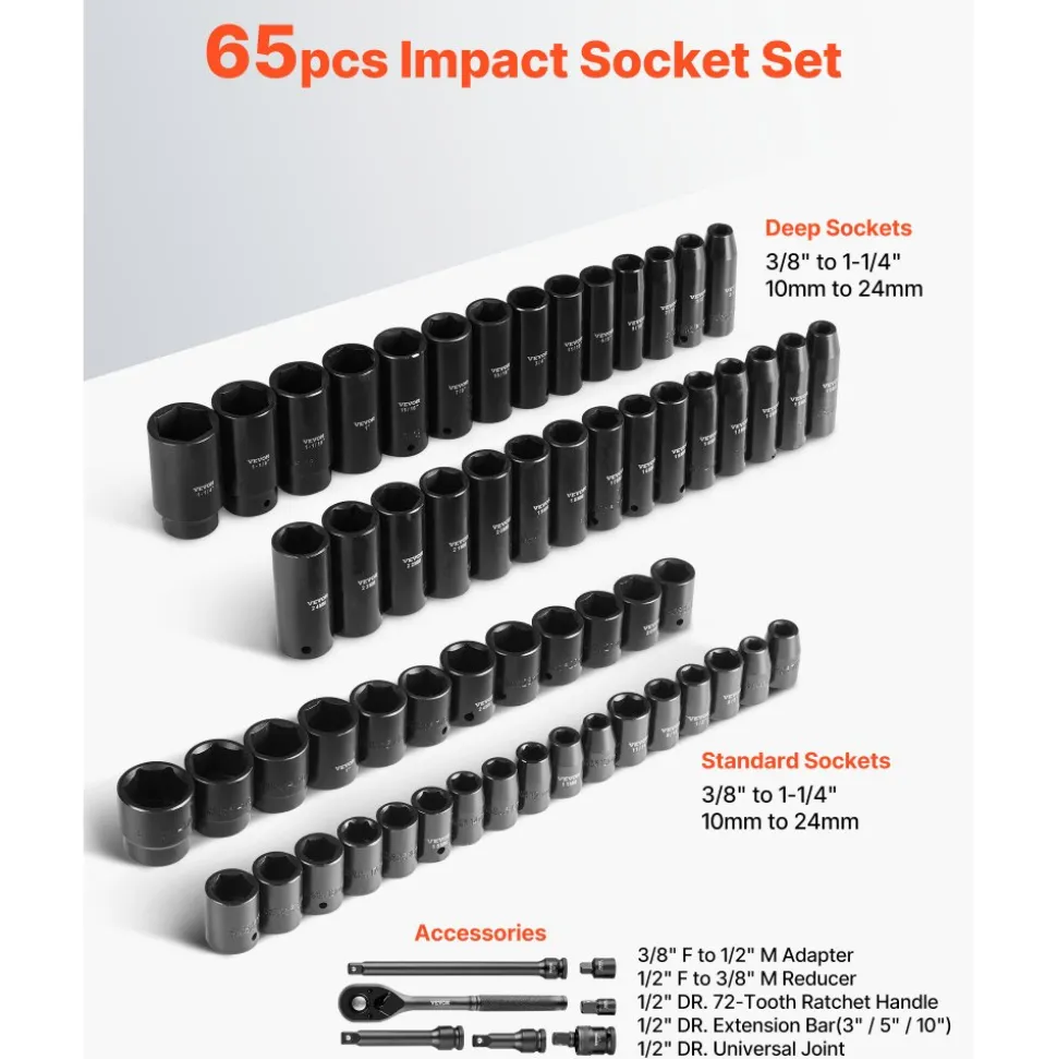 VEVOR Drive Impact Socket Set 1/2" - 65PCS Deep & Standard Socket Set SAE 3/8" to 1-1/4" and Metric 10-24mm, 6 Point CR-V & Cr-Mo Alloy Steel for Auto Repair - Easy-to-Read Size Markings, Storage Case