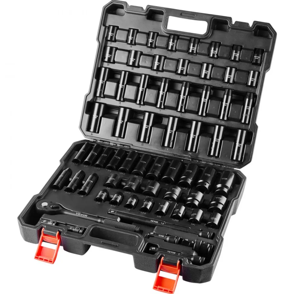 VEVOR Drive Impact Socket Set 1/2" - 65PCS Deep & Standard Socket Set SAE 3/8" to 1-1/4" and Metric 10-24mm, 6 Point CR-V & Cr-Mo Alloy Steel for Auto Repair - Easy-to-Read Size Markings, Storage Case
