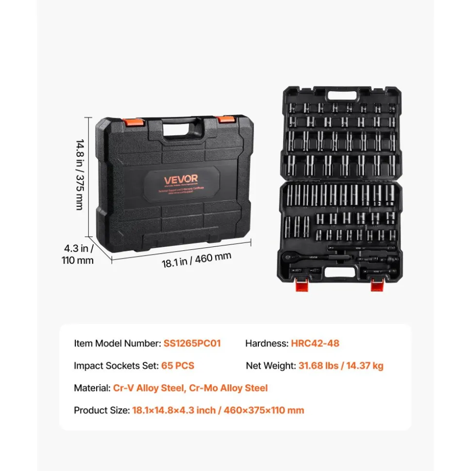 VEVOR Drive Impact Socket Set 1/2" - 65PCS Deep & Standard Socket Set SAE 3/8" to 1-1/4" and Metric 10-24mm, 6 Point CR-V & Cr-Mo Alloy Steel for Auto Repair - Easy-to-Read Size Markings, Storage Case