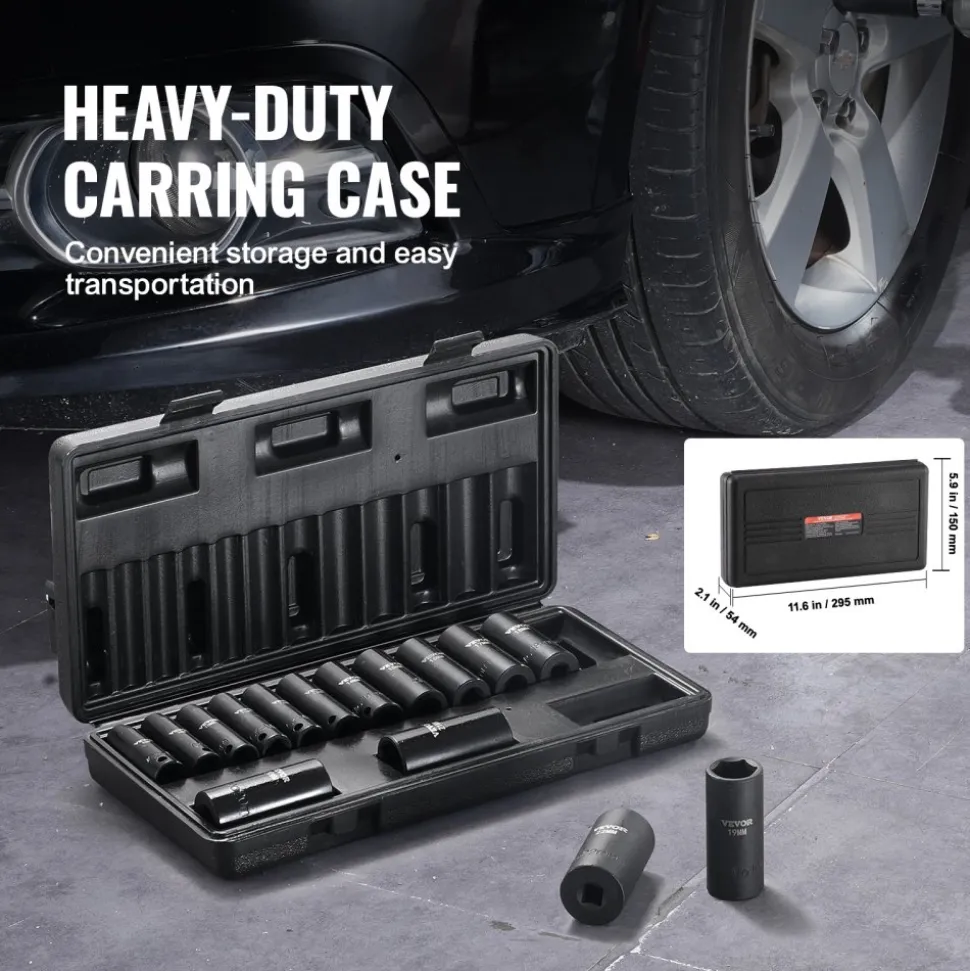 VEVOR 3/8" Drive Impact Socket Set, 15 Piece Deep Socket Set Metric 8-22mm, 6 Point Cr-Mo Alloy Steel for Auto Repair, Easy-to-Read Size Markings, Rugged Construction, Includes Storage Case