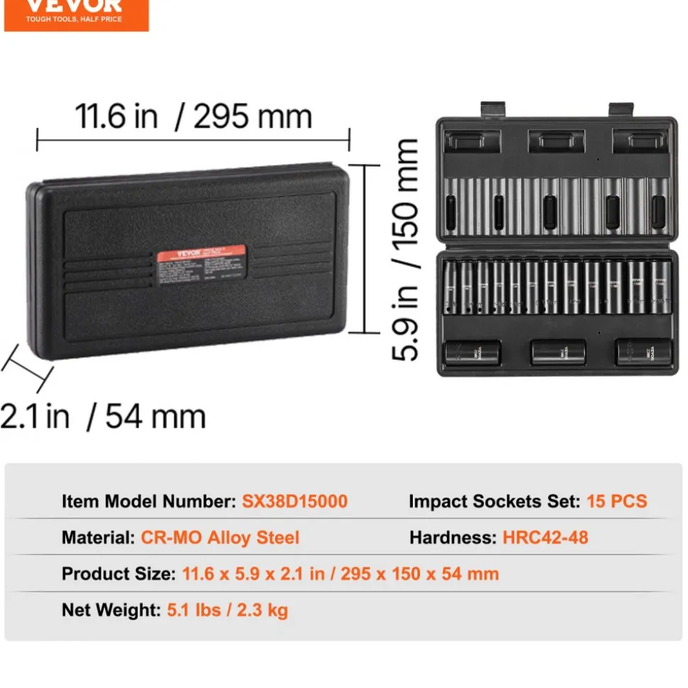 VEVOR 3/8" Drive Impact Socket Set, 15 Piece Deep Socket Set Metric 8-22mm, 6 Point Cr-Mo Alloy Steel for Auto Repair, Easy-to-Read Size Markings, Rugged Construction, Includes Storage Case