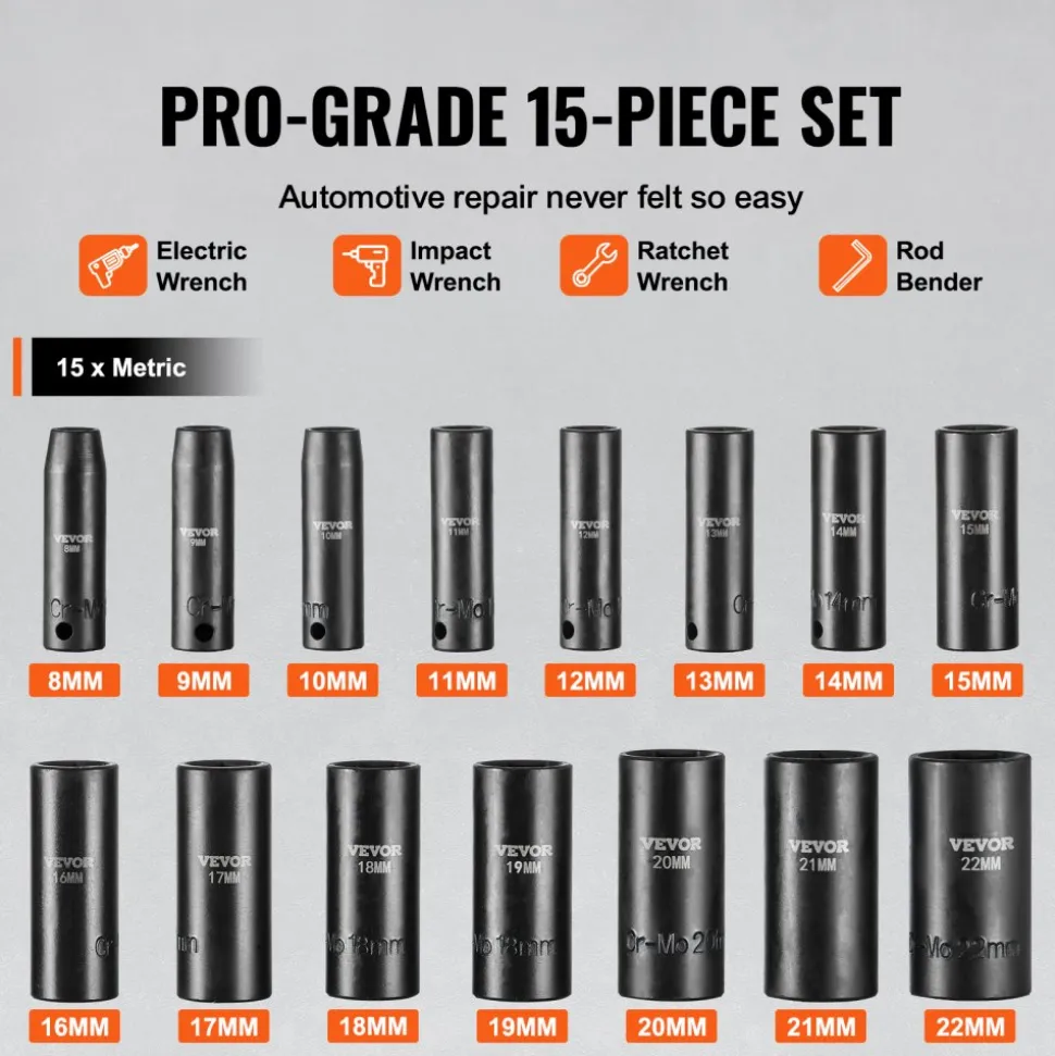 VEVOR 3/8" Drive Impact Socket Set, 15 Piece Deep Socket Set Metric 8-22mm, 6 Point Cr-Mo Alloy Steel for Auto Repair, Easy-to-Read Size Markings, Rugged Construction, Includes Storage Case