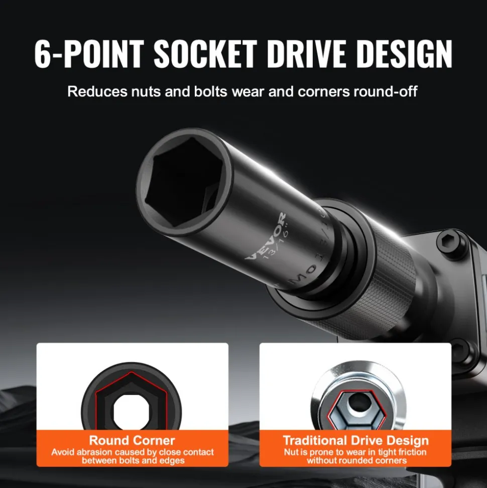 VEVOR 3/8" Drive Impact Socket Set, 15 Piece Deep Socket Set Metric 8-22mm, 6 Point Cr-Mo Alloy Steel for Auto Repair, Easy-to-Read Size Markings, Rugged Construction, Includes Storage Case