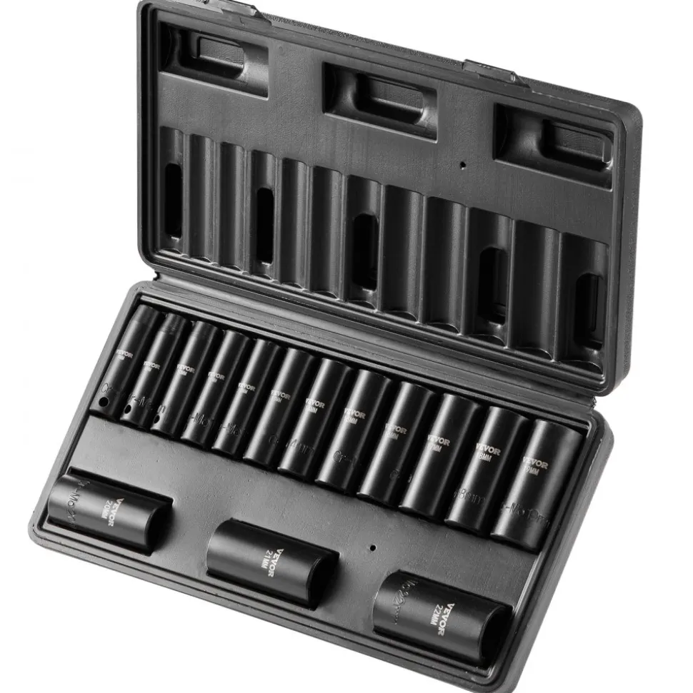 VEVOR 3/8" Drive Impact Socket Set, 15 Piece Deep Socket Set Metric 8-22mm, 6 Point Cr-Mo Alloy Steel for Auto Repair, Easy-to-Read Size Markings, Rugged Construction, Includes Storage Case