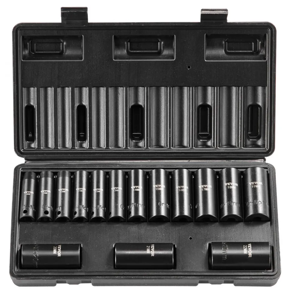 VEVOR 3/8" Drive Impact Socket Set, 15 Piece Deep Socket Set Metric 8-22mm, 6 Point Cr-Mo Alloy Steel for Auto Repair, Easy-to-Read Size Markings, Rugged Construction, Includes Storage Case